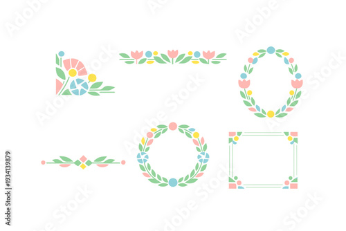 This set features six botanical design elements such as circular wreaths, horizontal borders, and corner ornaments in soft pastel colors against a solid black background.