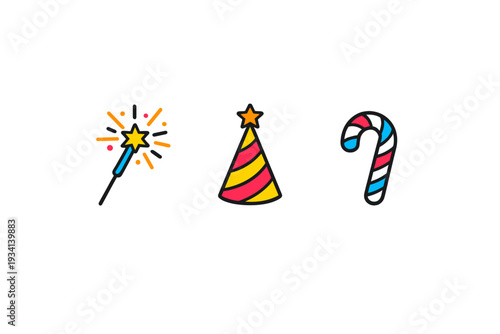 A collection of three festive icons including a sparkling magic wand, a striped party hat with a star on top, and a colorful candy cane, all set against a solid black background.