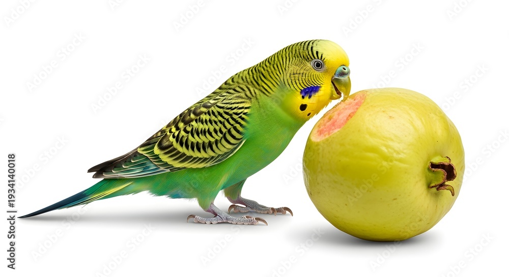 Fototapeta premium A green parakeet inspecting a yellow apple on a white background