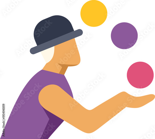 Juggler in a bowler hat balancing three colorful balls in the air