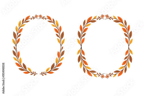 Two decorative oval frames made of colorful autumn leaves and berries are set against a black background. The illustration features warm tones of orange, yellow, and brown.