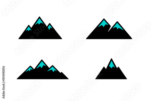 Four variations of minimalist mountain range icons are displayed on a solid black background. Each icon features black peaks with bright cyan snow caps and thin white outlines.