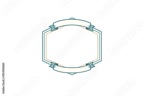 A decorative hexagonal frame with a blue and tan border features white ribbons at the top and bottom. The design is centered on a solid black background, creating a vintage label style.