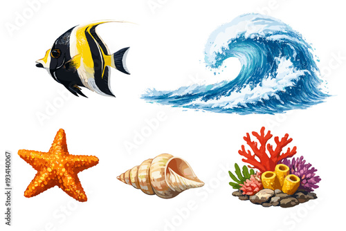 A collection of marine life illustrations featuring a Moorish Idol fish, a crashing ocean wave, an orange starfish, a spiral seashell, and colorful coral reef elements on a black background.