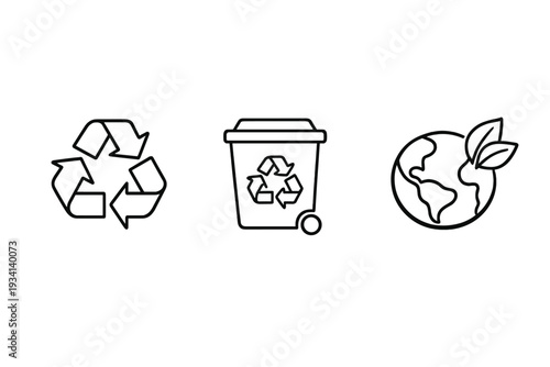 A set of three black line icons representing environmental sustainability, featuring a universal recycling symbol, a recycle bin, and a globe with leaves on a white background.