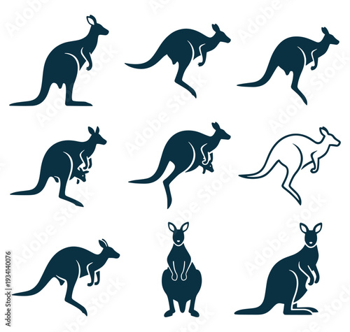 Collection of kangaroo silhouettes in various poses on plain white background