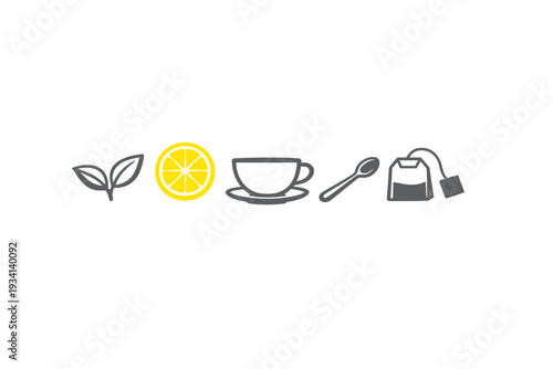 A row of minimalist tea-related icons featuring tea leaves, a yellow lemon slice, a teacup on a saucer, a spoon, and a tea bag, all set against a solid black background.