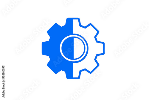 A blue gear icon displayed on a solid black background. The graphic features a split design with a solid left side and an outlined right side, representing settings or mechanics.