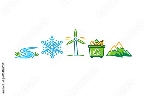 A set of five colorful environmental icons including a winding river, a blue snowflake, a green wind turbine, a recycling bin with organic waste, and green mountain peaks.