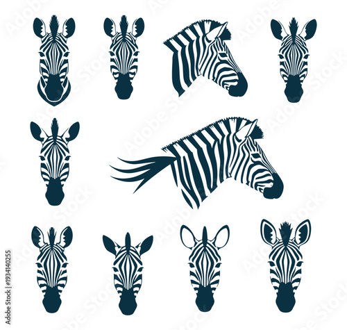 Collection of nine zebra heads and one zebra profile in dark blue on white background