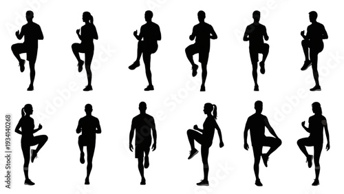 Set of Silhouettes of People Performing High Knees Exercise Routine
