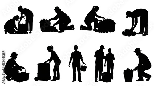 Diverse Silhouettes Depicting Agricultural Workers Engaged in Harvesting and Gathering Crops