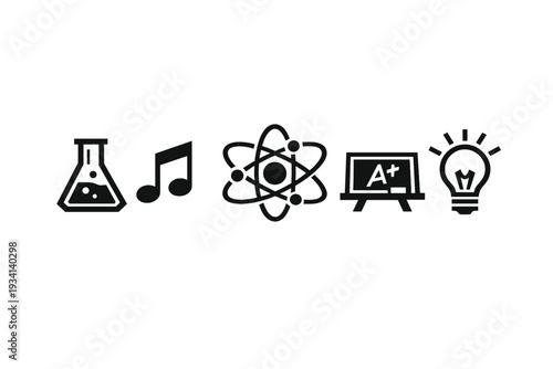 A set of five white minimalist icons representing science, music, physics, education, and innovation, arranged in a horizontal row on a solid black background for design projects.