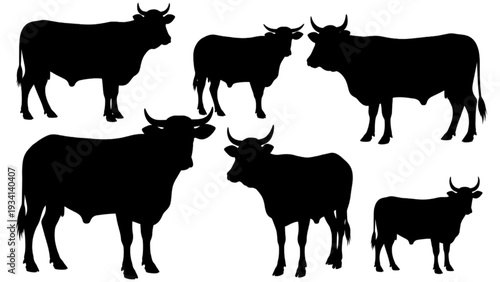 Silhouette images of several cows in various poses and sizes