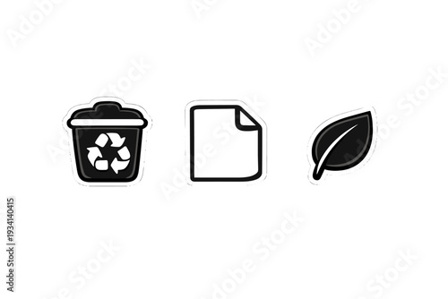 A set of three black and white sticker icons featuring a recycling bin, a paper document, and a leaf, arranged horizontally on a plain black background.