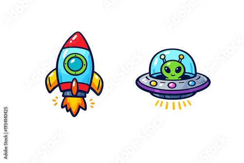This illustration features two colorful cartoon stickers: a blue and red rocket ship blasting off and a purple flying saucer with a friendly green alien inside, set on a black background.