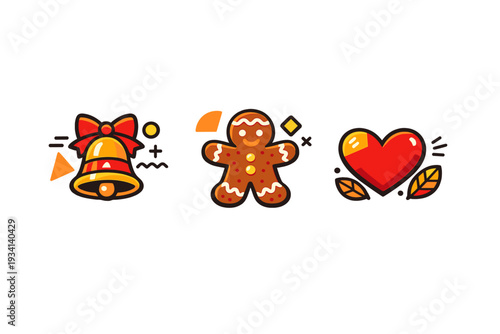 Three stylized holiday illustrations including a golden bell with a red ribbon, a gingerbread man with white icing, and a red heart with leaves, all set against a black backdrop.