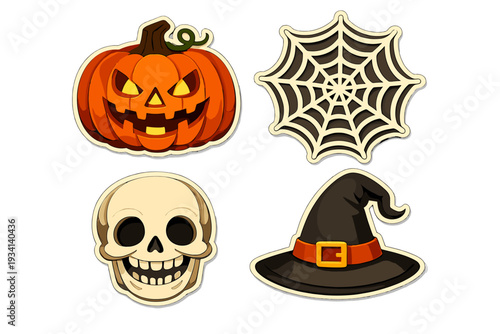 A collection of four Halloween stickers featuring a carved pumpkin, a spiderweb, a smiling skull, and a black witch hat with an orange band, all set against a black background.