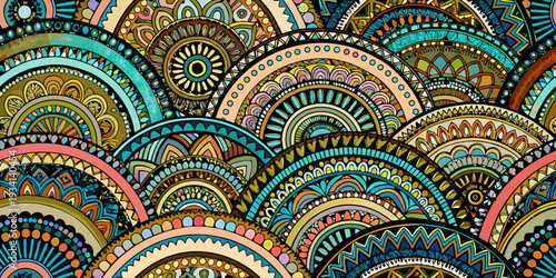 Intricate colorful mandala pattern with repeating circular and arched shapes
