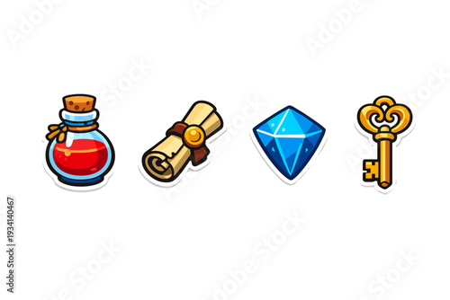 A collection of four fantasy game icons including a red potion bottle, a rolled parchment scroll, a blue diamond gemstone, and a golden key, all presented in a cartoon sticker style.