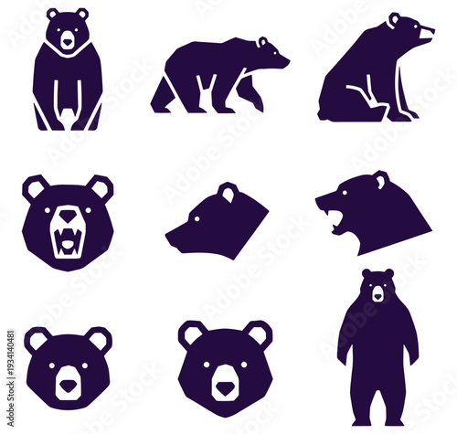 Collection of various bear silhouettes and heads in different poses and expressions on white background