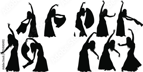 Elegant silhouette collection of ten female belly dancers in various dynamic poses with flowing veils for middle eastern dance performance,