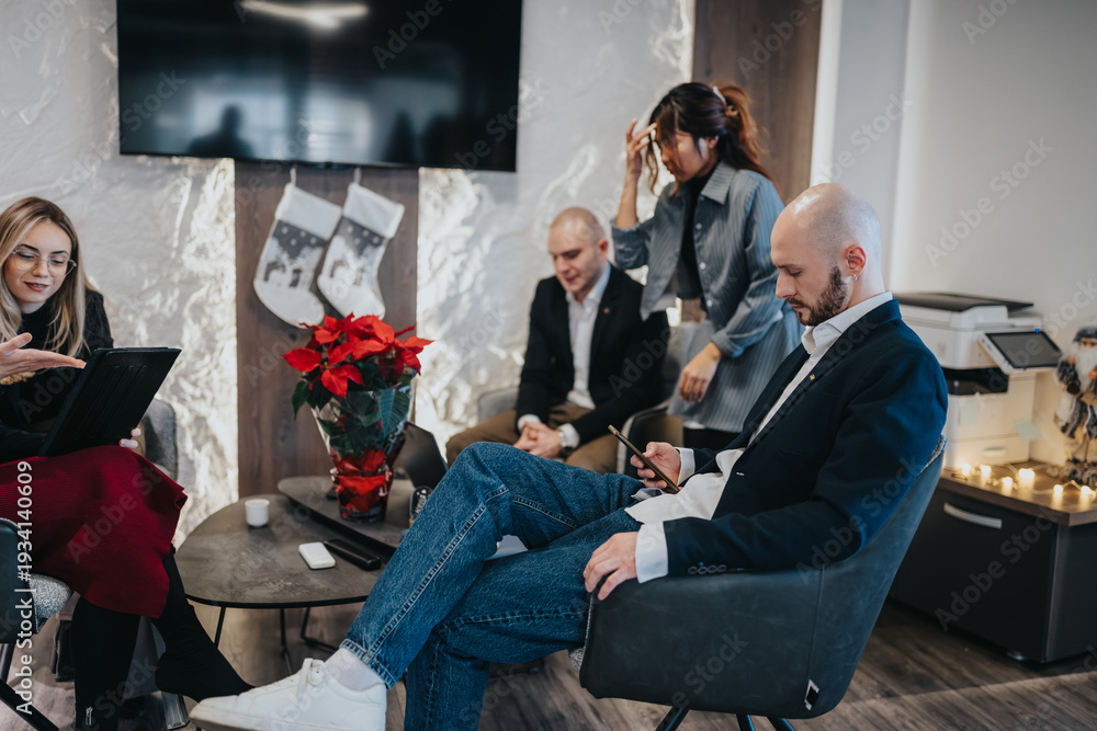 Naklejka premium A professional group sits in a modern office lounge, ready for a meeting. Casual business scene with colleagues waiting beside a festive desk.