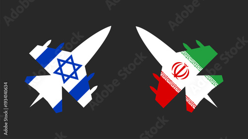 Israel vs Iran Fighter Jets with National Flags Vector Illustration, Geopolitical Conflict Concept