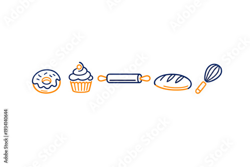 A collection of five minimalist baking icons including a donut, cupcake, rolling pin, loaf of bread, and a whisk, presented in a linear arrangement on a black background.