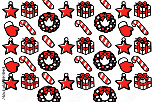 A festive pattern featuring red and white Christmas icons including stars, gift boxes, candy canes, wreaths, and mittens on a black background. Ideal for holiday themed designs.
