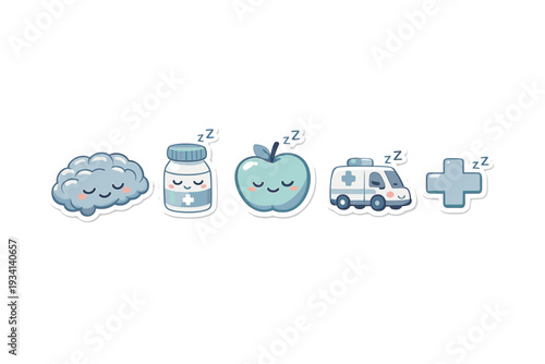 A set of five cute medical-themed stickers featuring a brain, medicine bottle, apple, ambulance, and cross, all with sleeping faces and zzz symbols on a black background.