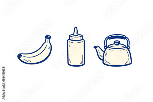 A collection of three hand-drawn illustrations featuring a banana, a squeeze bottle, and a kettle. The icons are rendered in a simple line art style with blue outlines on a dark background.
