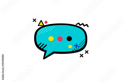 This graphic illustration shows a cyan speech bubble decorated with yellow, red, and black geometric shapes and patterns, set against a solid black background.