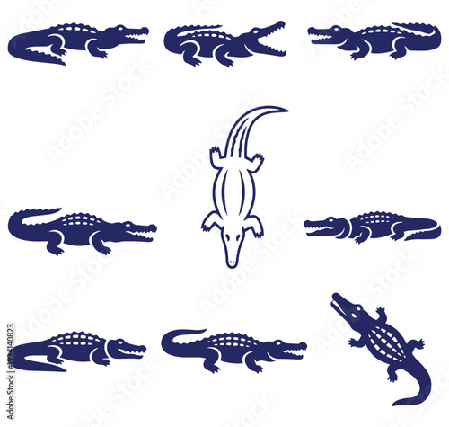 Collection of various crocodile silhouettes in different poses and views