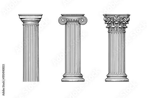 A black and white illustration featuring three classical architectural columns: Doric, Ionic, and Corinthian. The detailed engravings are set against a solid black background.