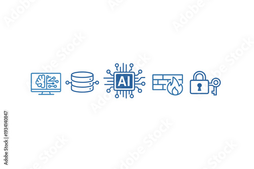 A set of five blue technology icons on a black background representing artificial intelligence, data storage, microchips, network firewalls, and cybersecurity protection.