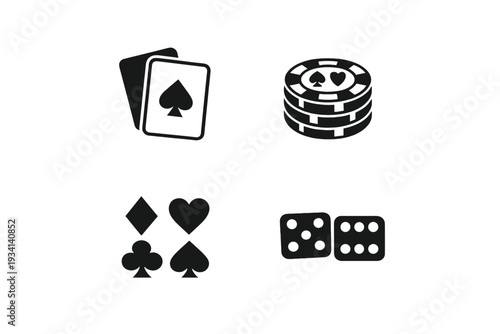 A collection of four black and white gambling icons featuring playing cards, a stack of poker chips, card suit symbols, and a pair of dice against a solid black background.