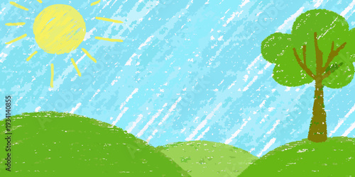 A child s crayon drawing of a sunny landscape with hills and trees