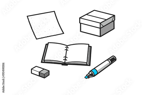 A collection of office supplies including an open spiral notebook, a blue marker, an eraser, a small box, and a square sheet of paper set against a solid black background.