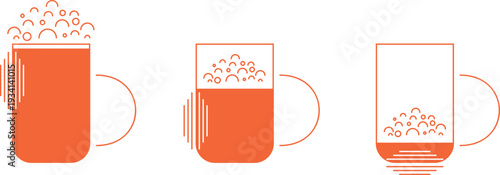 cups with foamy drinks and juices, foam and bubbles, tableware