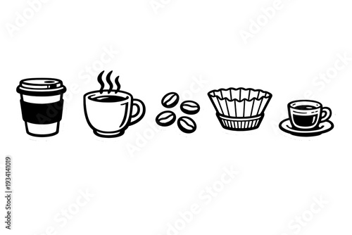 A collection of five black and white coffee-themed icons including a takeaway cup, a steaming mug, coffee beans, a filter, and an espresso cup, all presented as stickers on a black background.