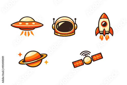 A collection of five space-themed icons including a UFO, astronaut helmet, rocket, ringed planet, and satellite, all designed in a flat orange and cream style on a black background.