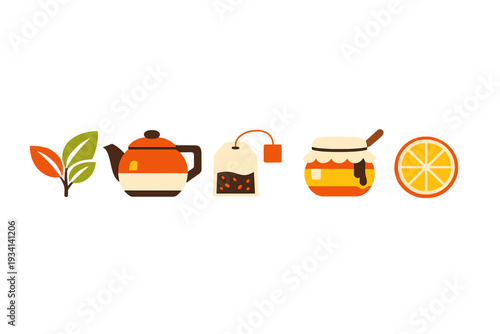 This flat vector illustration displays five distinct icons on a solid black background, including tea leaves, an orange teapot, a tea bag, a honey jar with a dipper, and a citrus slice.