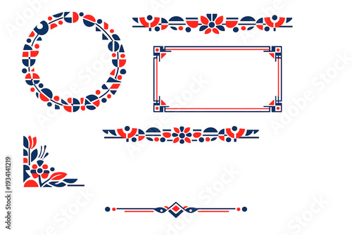 A collection of geometric decorative elements including a wreath, frame, corner ornament, and dividers in a red and blue color scheme with a folk art aesthetic on a black background.