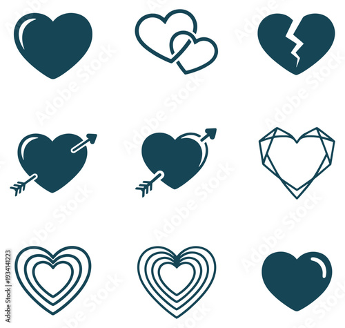 Collection of various heart shapes and symbols for love and emotions
