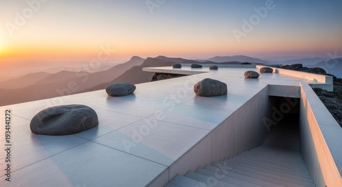 A serene, modern architectural structure perched on a mountain top, with a stunning view of the surrounding landscape and a calm, reflective surface below.