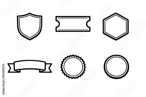 This set features six distinct monochrome outline shapes such as a shield, ribbon banner, hexagon, and circular badges, providing versatile elements for logo and label design.