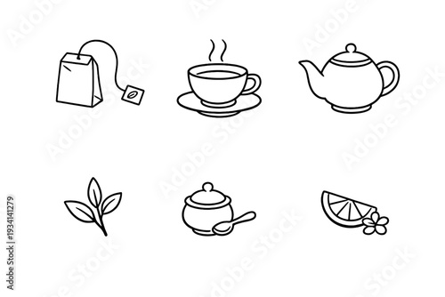 A collection of six minimalist line art icons representing tea culture, including a tea bag, a steaming cup, a teapot, fresh leaves, a sugar bowl, and a lemon slice with a flower.