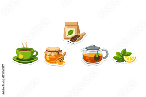 A collection of five cartoon stickers featuring a green cup of tea, a jar of honey with a dipper, a bag of tea leaves, a glass teapot, and fresh mint leaves with a slice of lemon.