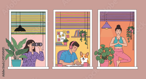 People engaging in various activities with pets and plants in different indoor settings viewed from outside through windows